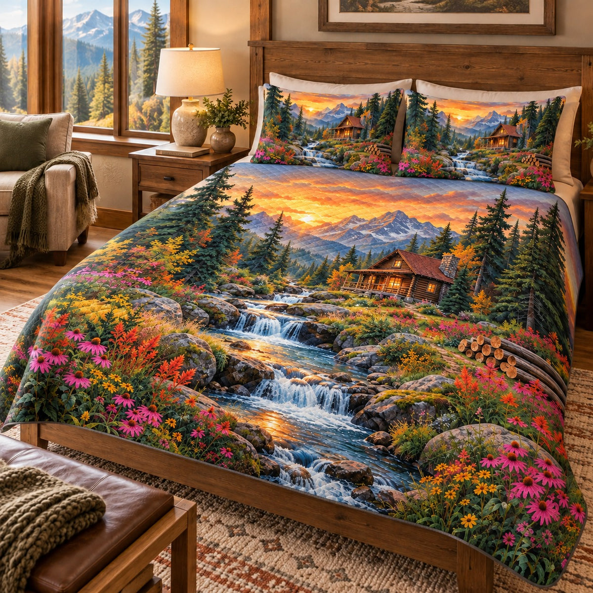 Angled view of sunset wildflower cabin quilt set showing quilt side drape and matching shams
