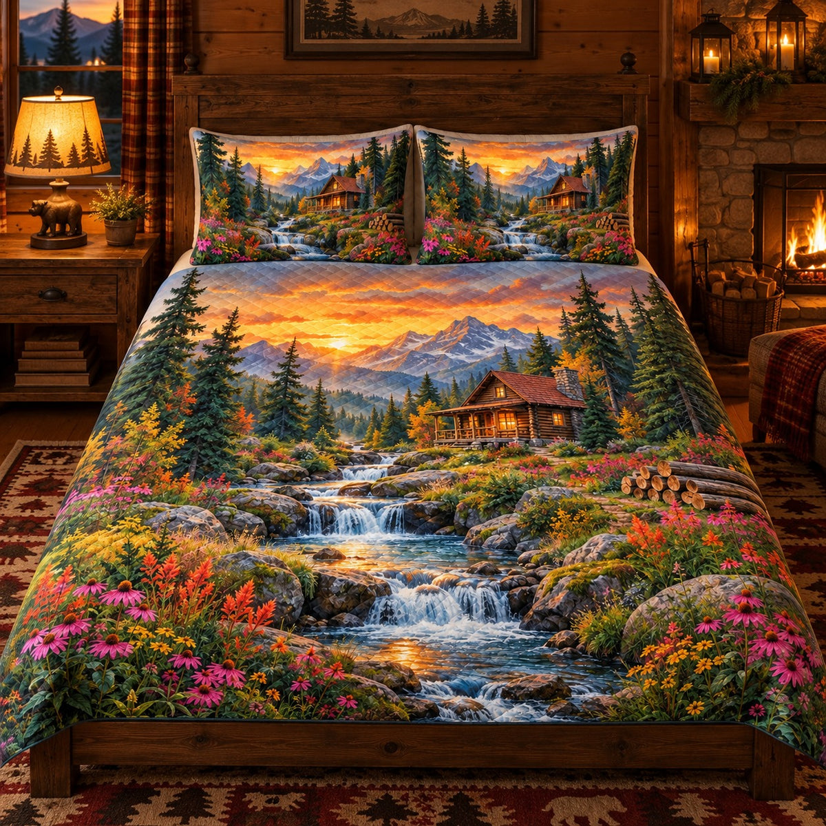 Alternate view of sunset wildflower cabin quilt set with mountain stream design