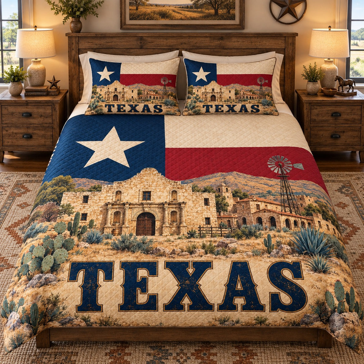 Angled view of Texas Alamo Windmill Quilt Set – Rustic Bedroom Gift for Texas Lovers with diamond stitching