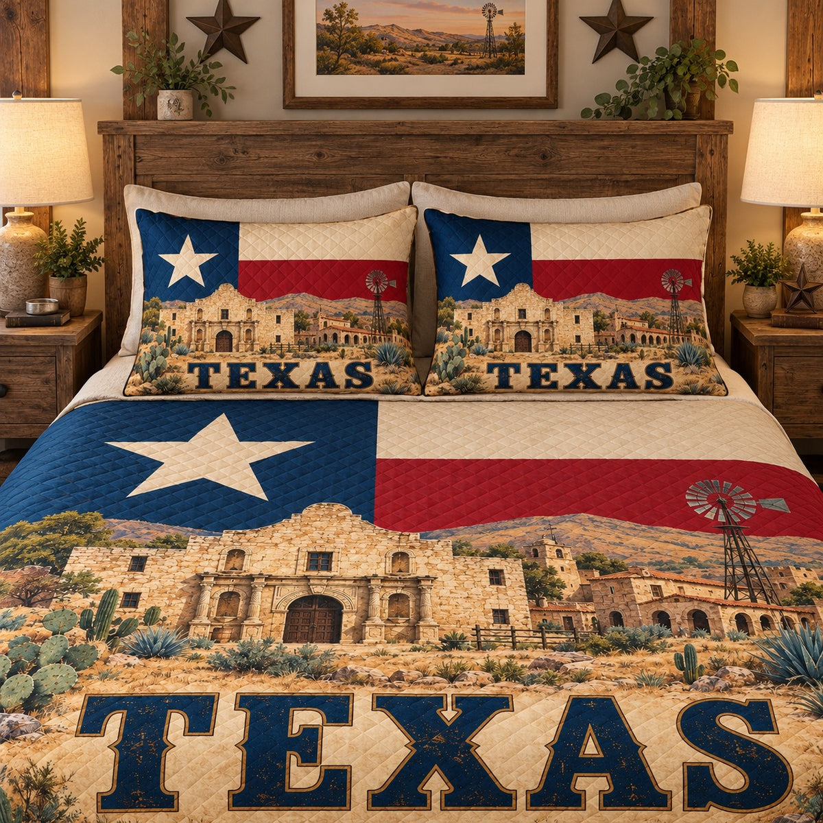 Alternate view of Texas Alamo Windmill Quilt Set – Rustic Bedroom Gift for Texas Lovers with diamond stitching