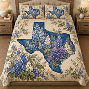Front view of Texas Bluebonnet Silhouette Quilt Set – Floral Gift for Texas Lovers with diamond stitching