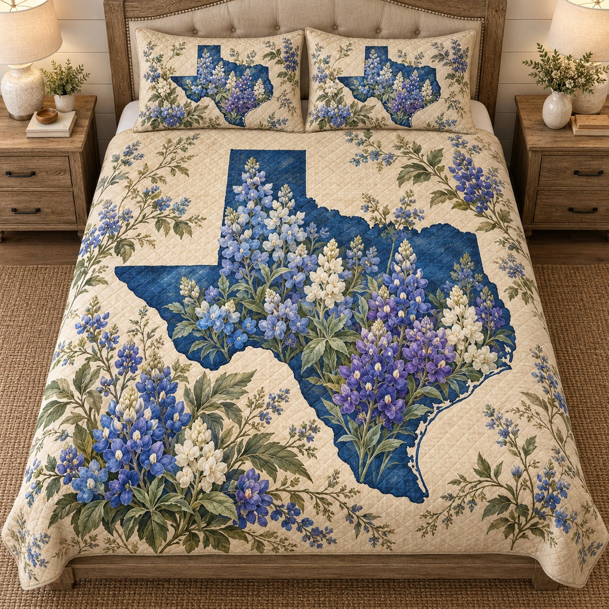 Front view of Texas Bluebonnet Silhouette Quilt Set – Floral Gift for Texas Lovers with diamond stitching