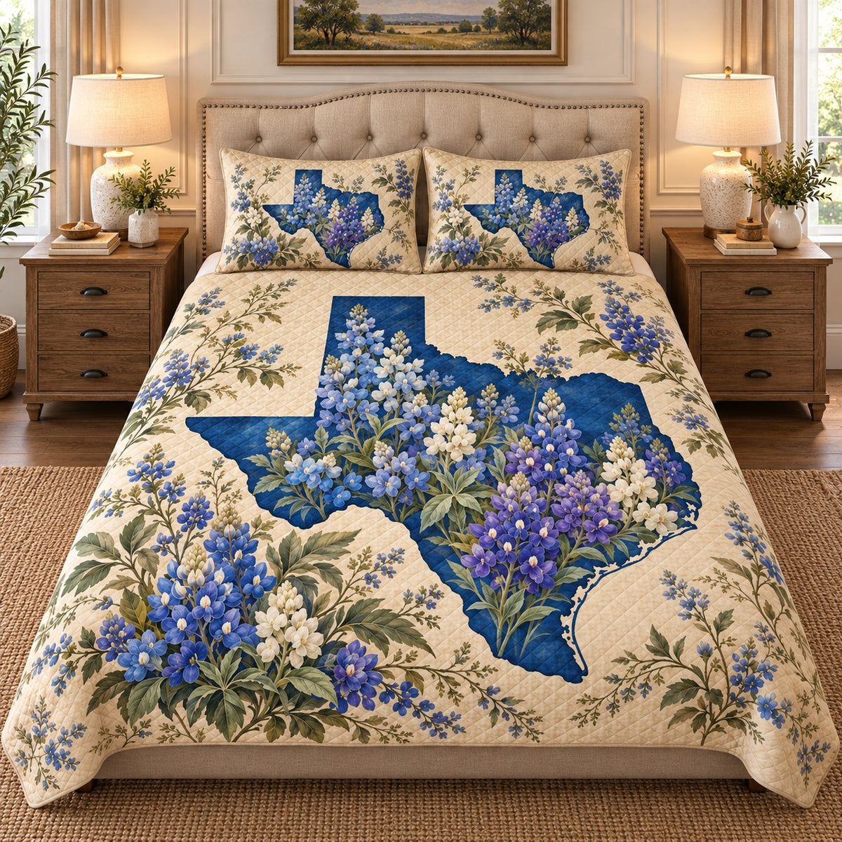 Alternate view of Texas Bluebonnet Silhouette Quilt Set – Floral Gift for Texas Lovers with diamond stitching