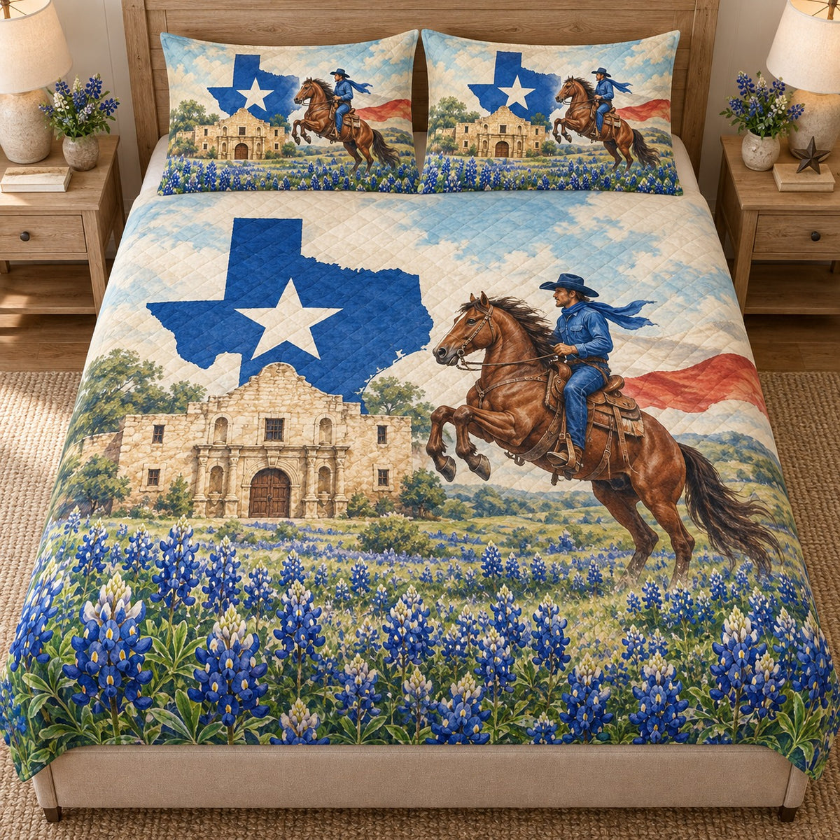 Front view of Texas Cowboy Alamo Quilt Set – Western Bedroom Gift for Texas Lovers with diamond stitching