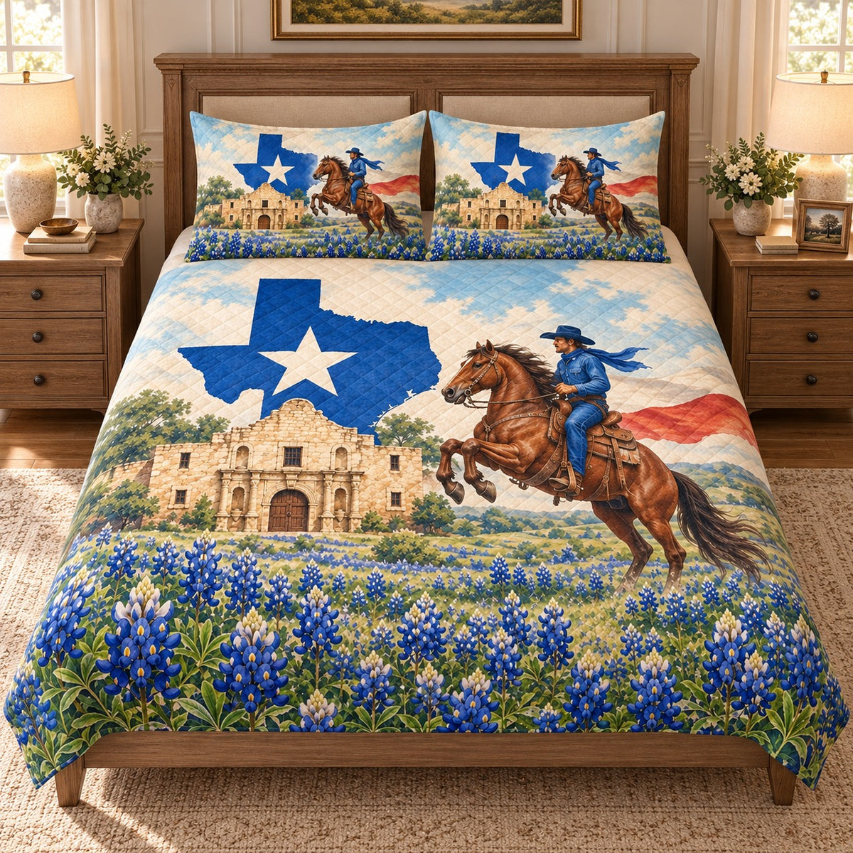 Angled view of Texas Cowboy Alamo Quilt Set – Western Bedroom Gift for Texas Lovers with diamond stitching