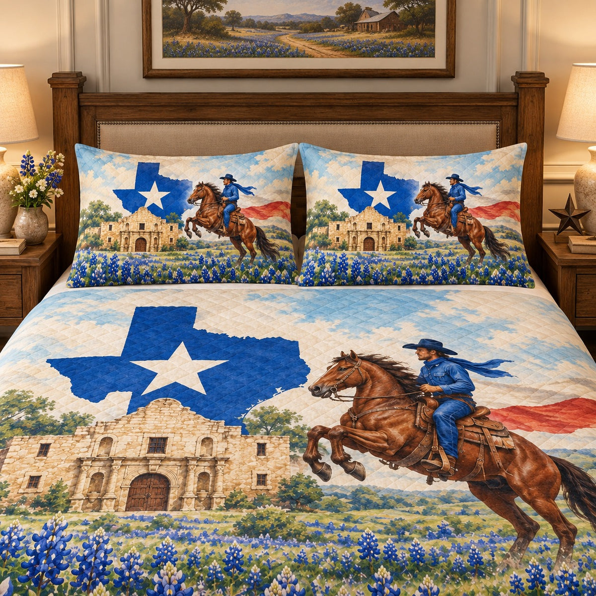 Alternate view of Texas Cowboy Alamo Quilt Set – Western Bedroom Gift for Texas Lovers with diamond stitching