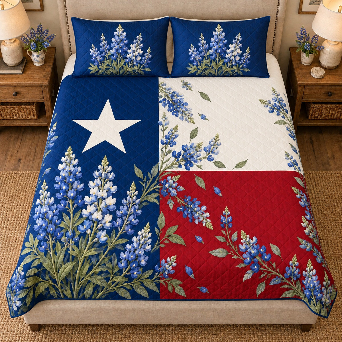 Texas Flag Bluebonnet Quilt Set – Floral Bedroom Gift for Texas Lovers — front hero view