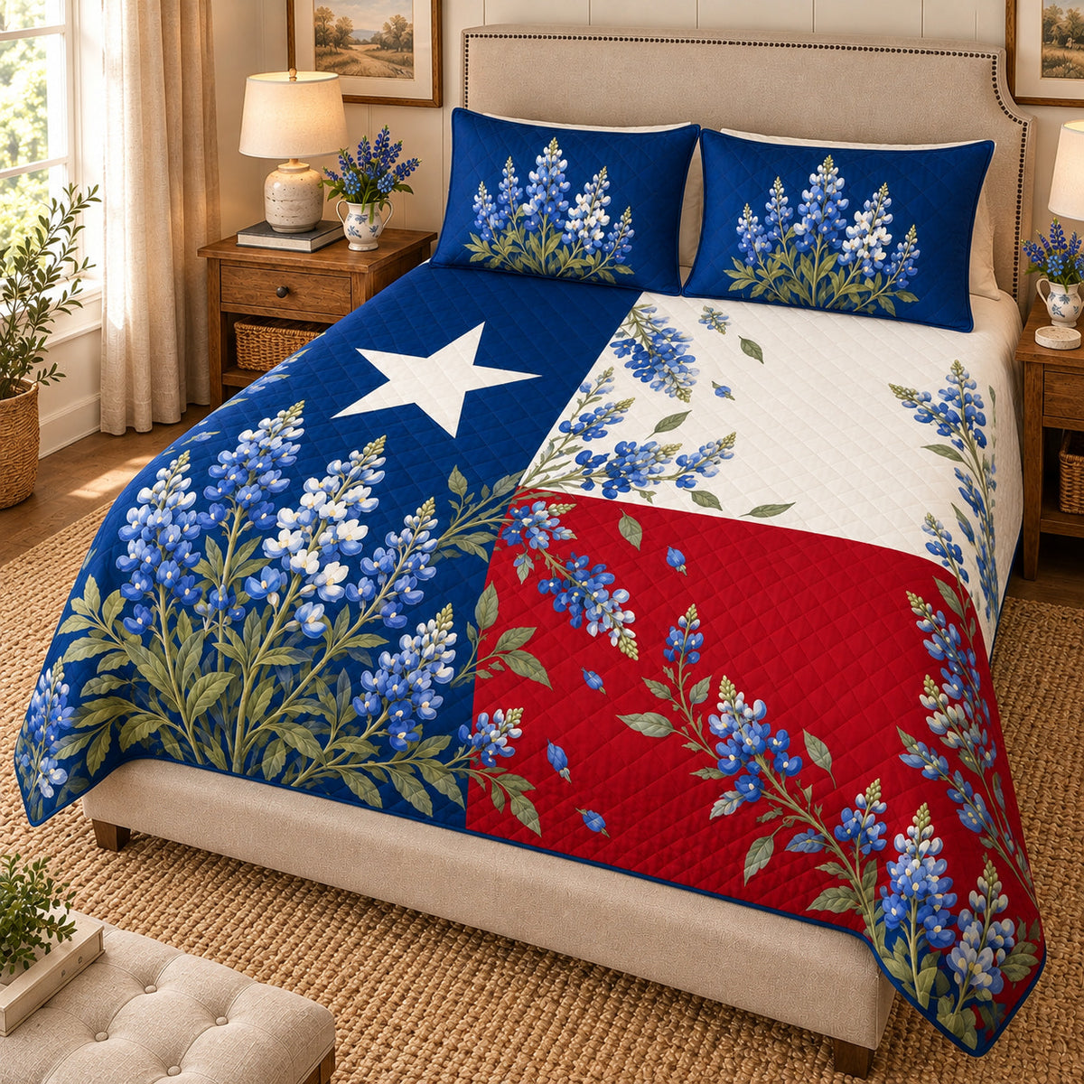 Texas Flag Bluebonnet Quilt Set – Floral Bedroom Gift for Texas Lovers — left angle view