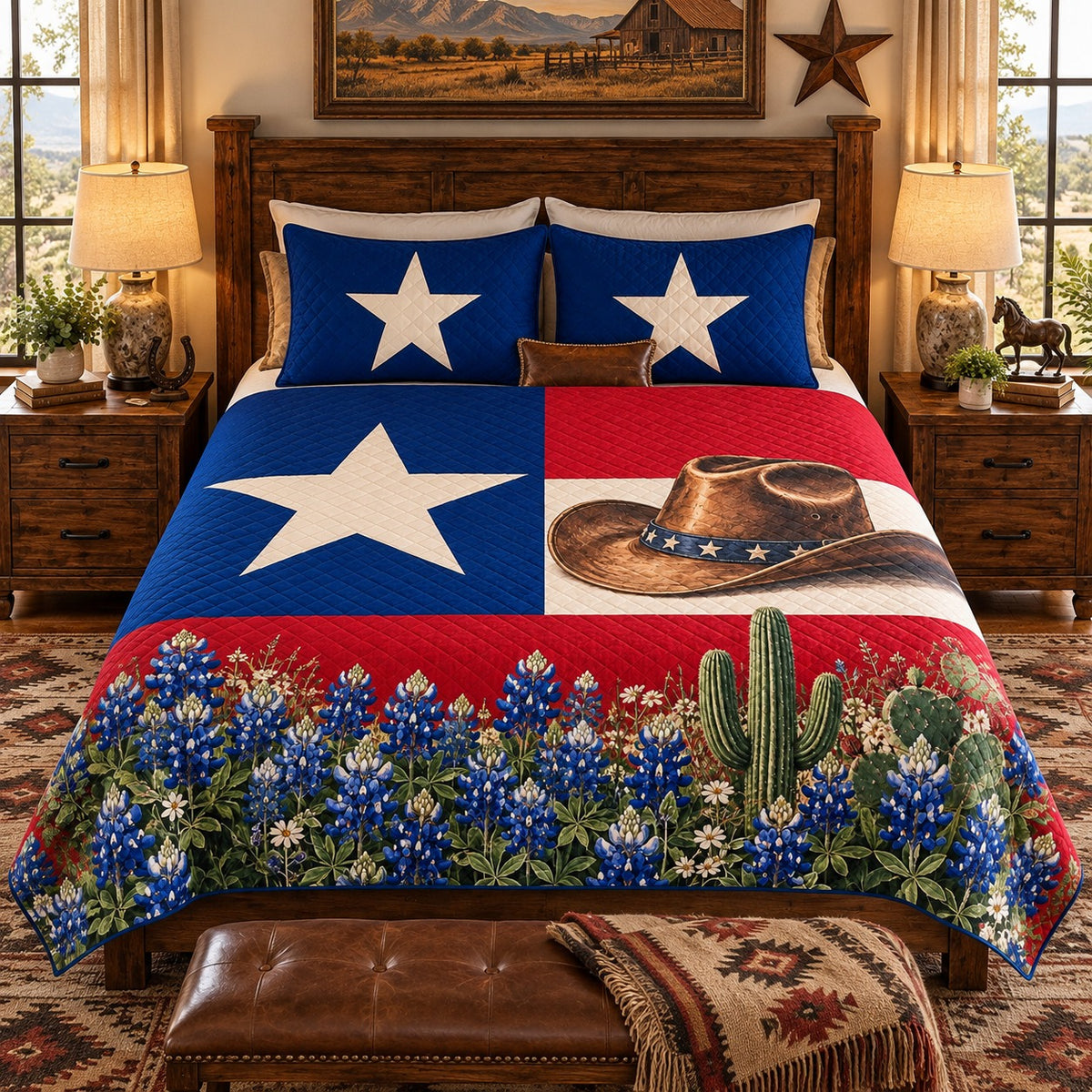 Texas Lone Star Cowboy Hat Quilt Set – Western Bedding Gift for Texas Lovers — left angle view
