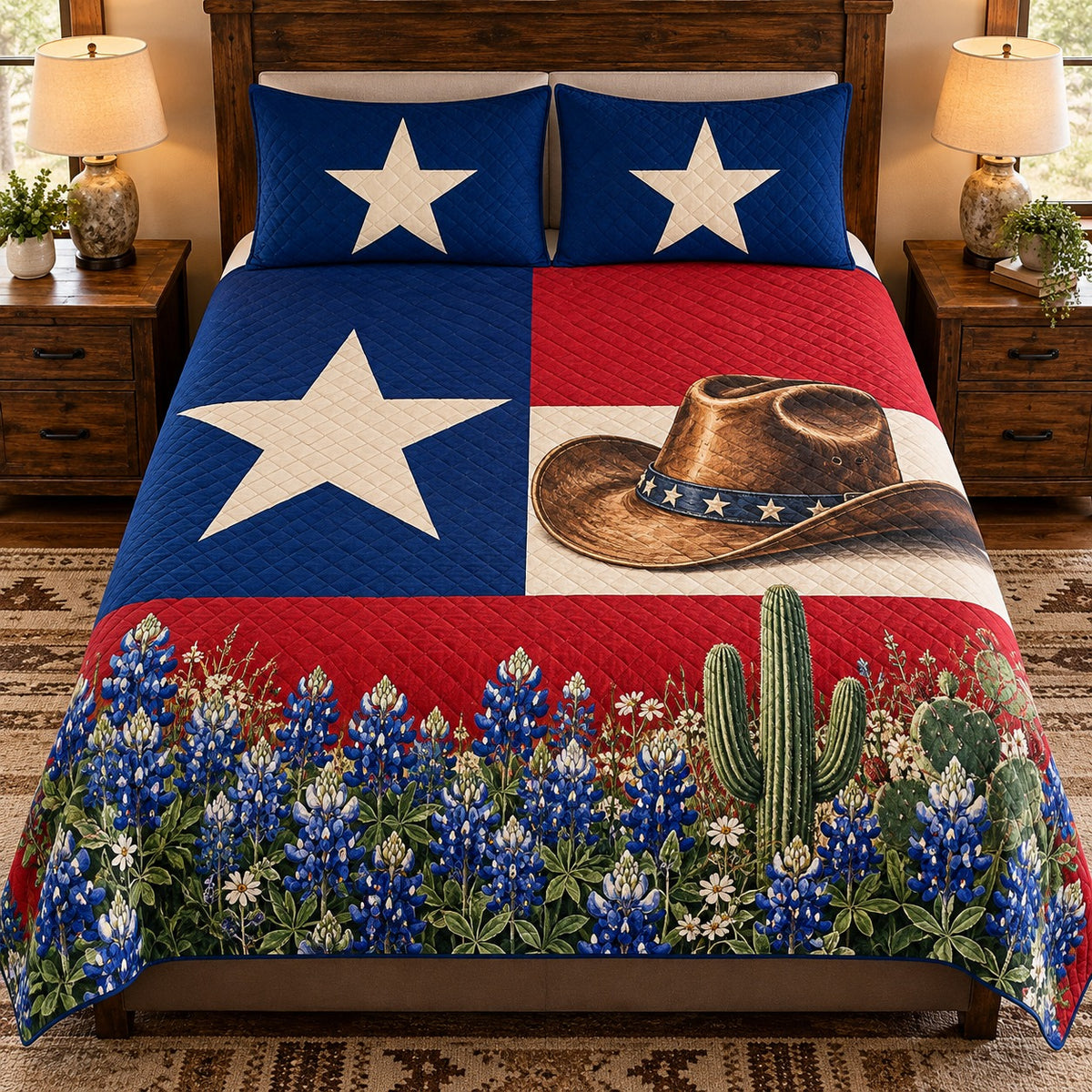 Texas Lone Star Cowboy Hat Quilt Set – Western Bedding Gift for Texas Lovers — front hero view