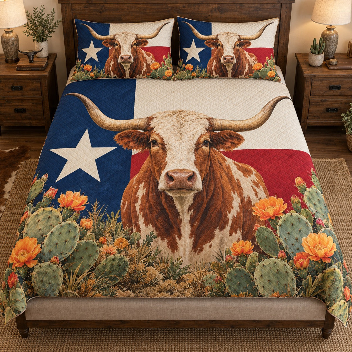 Front view of Texas Longhorn Cactus Quilt Set – Western Bedroom Gift for Longhorn Lovers with diamond stitching