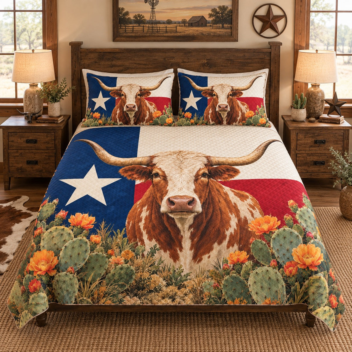 Angled view of Texas Longhorn Cactus Quilt Set – Western Bedroom Gift for Longhorn Lovers with diamond stitching