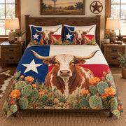 Angled view of Texas Longhorn Cactus Quilt Set – Western Bedroom Gift for Longhorn Lovers with diamond stitching