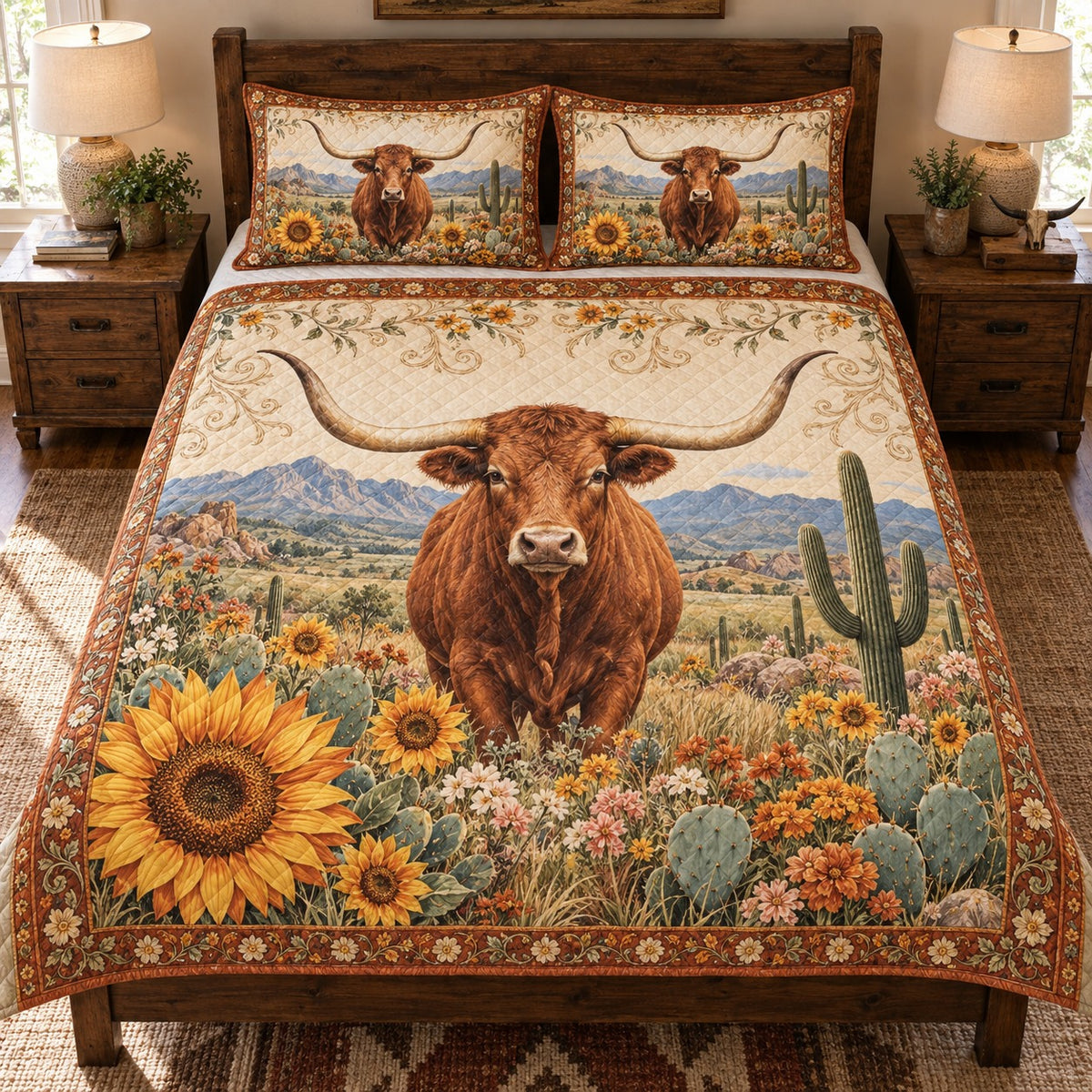 Texas Longhorn Sunflower Meadow Quilt Set – Rustic Ranch Bedding Gift — front hero view