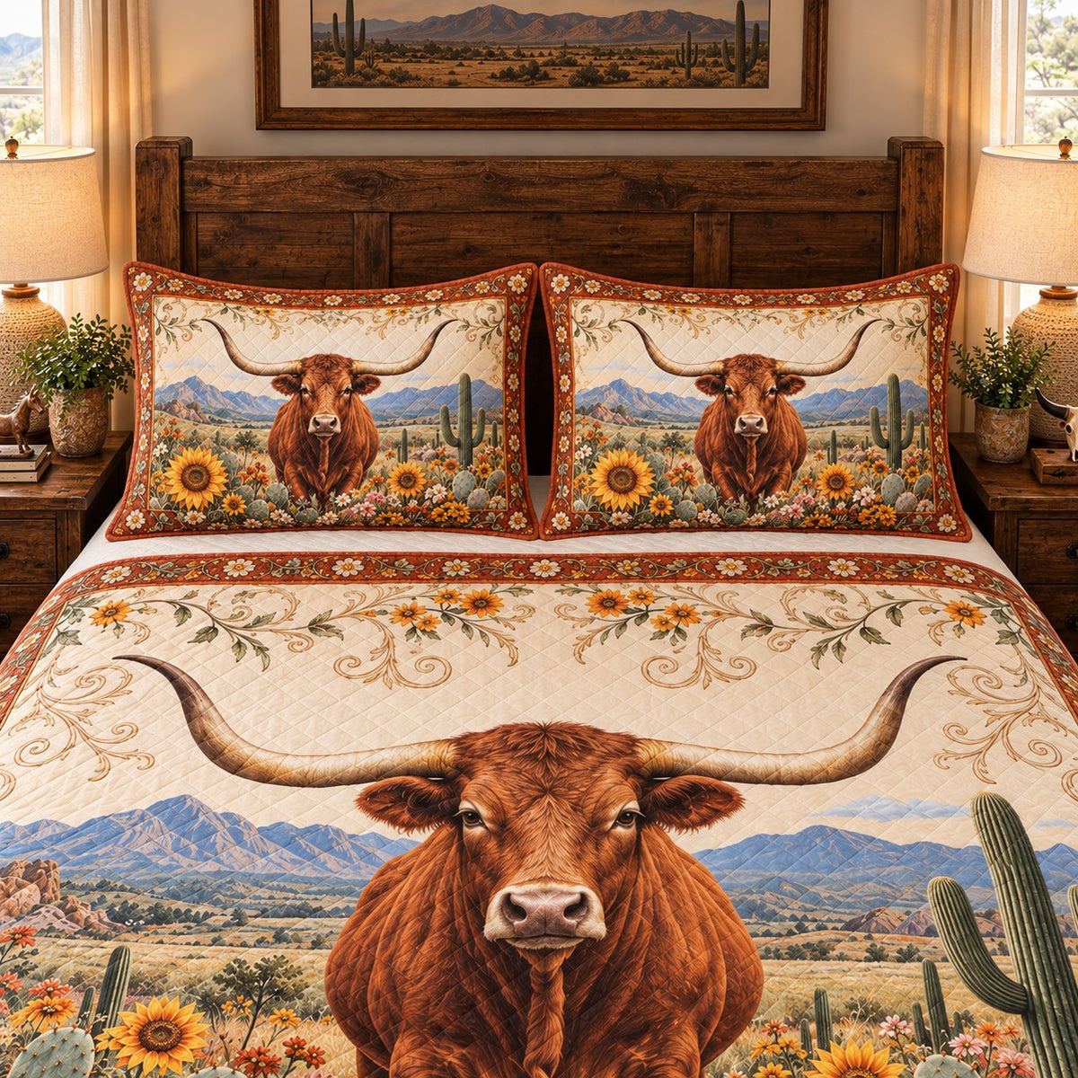 Texas Longhorn Sunflower Meadow Quilt Set – Rustic Ranch Bedding Gift — left angle view