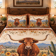 Texas Longhorn Sunflower Meadow Quilt Set – Rustic Ranch Bedding Gift — left angle view