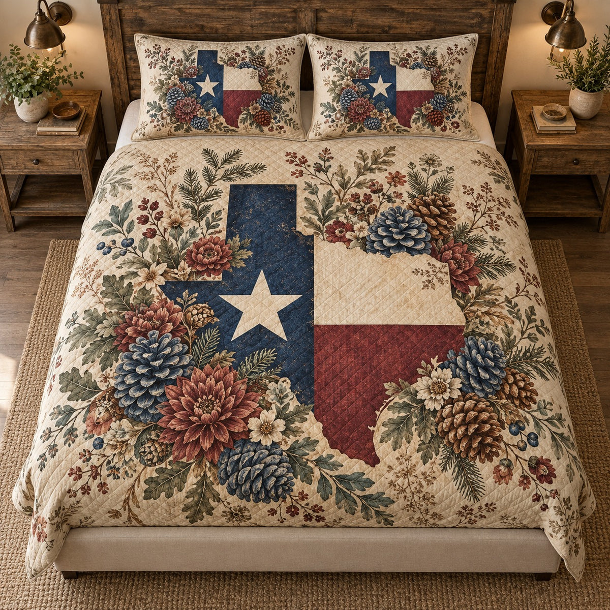 Texas Pinecone Floral Quilt Set – Rustic Bedroom Gift for Texas Lovers