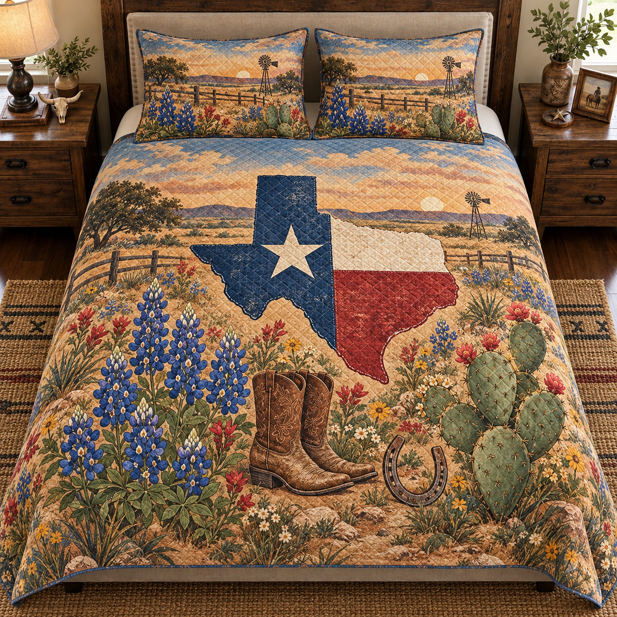 Texas Western Ranch Quilt Set – Rustic Bedroom Gift for Texas Lovers — front hero view