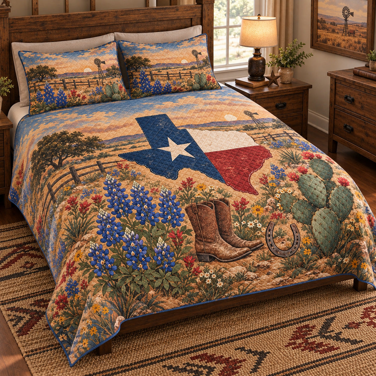 Texas Western Ranch Quilt Set – Rustic Bedroom Gift for Texas Lovers — left angle view