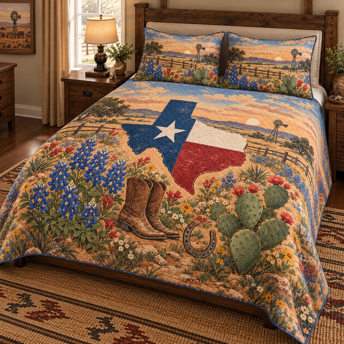 Texas Western Ranch Quilt Set – Rustic Bedroom Gift for Texas Lovers — right angle view