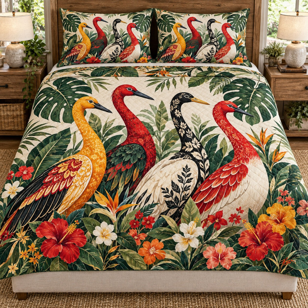 Tropical crane and hibiscus quilt set – front view