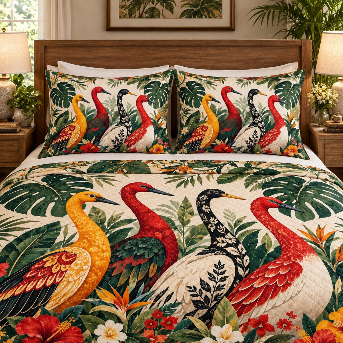 Tropical crane and hibiscus quilt set – right angle
