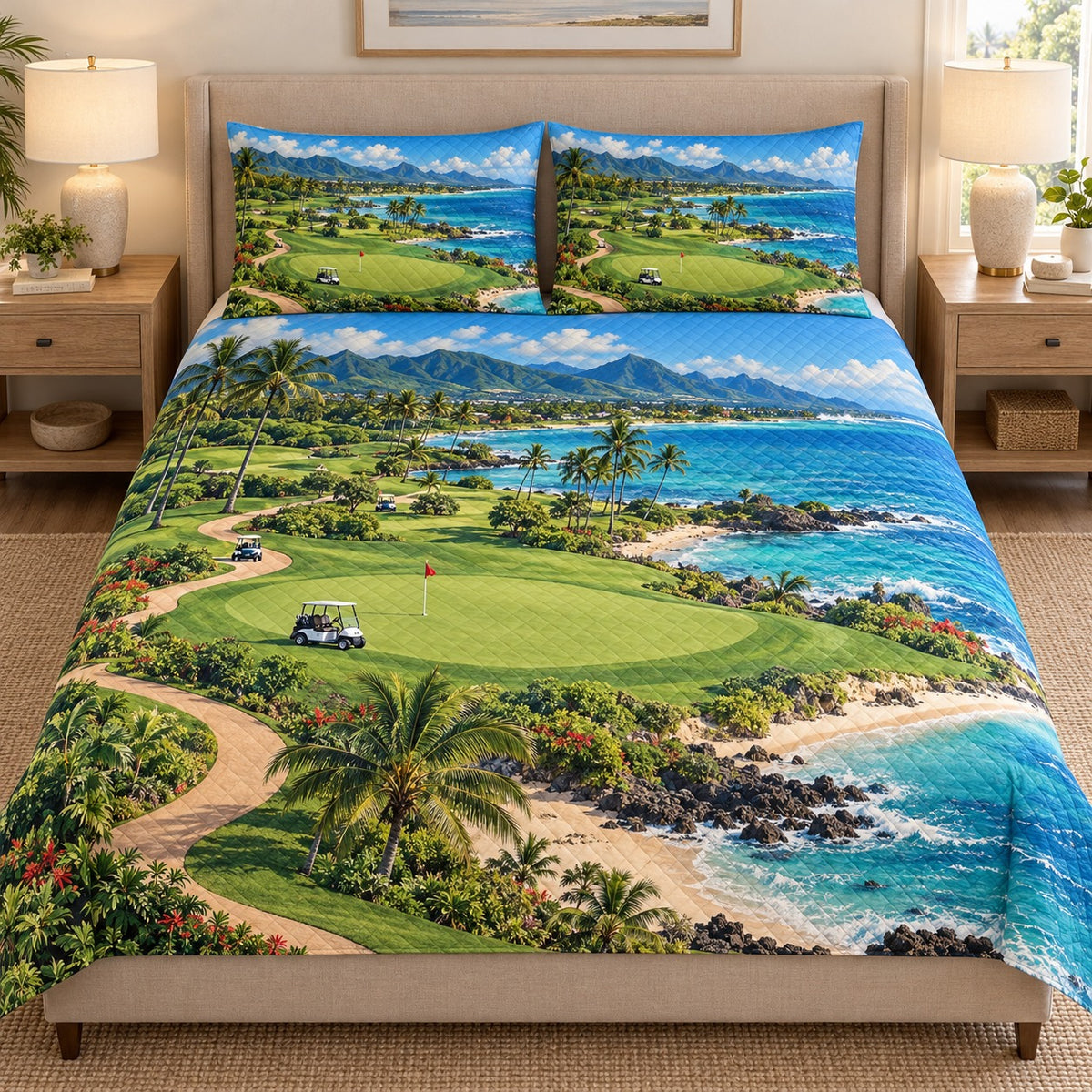 Tropical coastal golf course quilt set – front room view