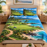 Tropical coastal golf course quilt set – bright room view