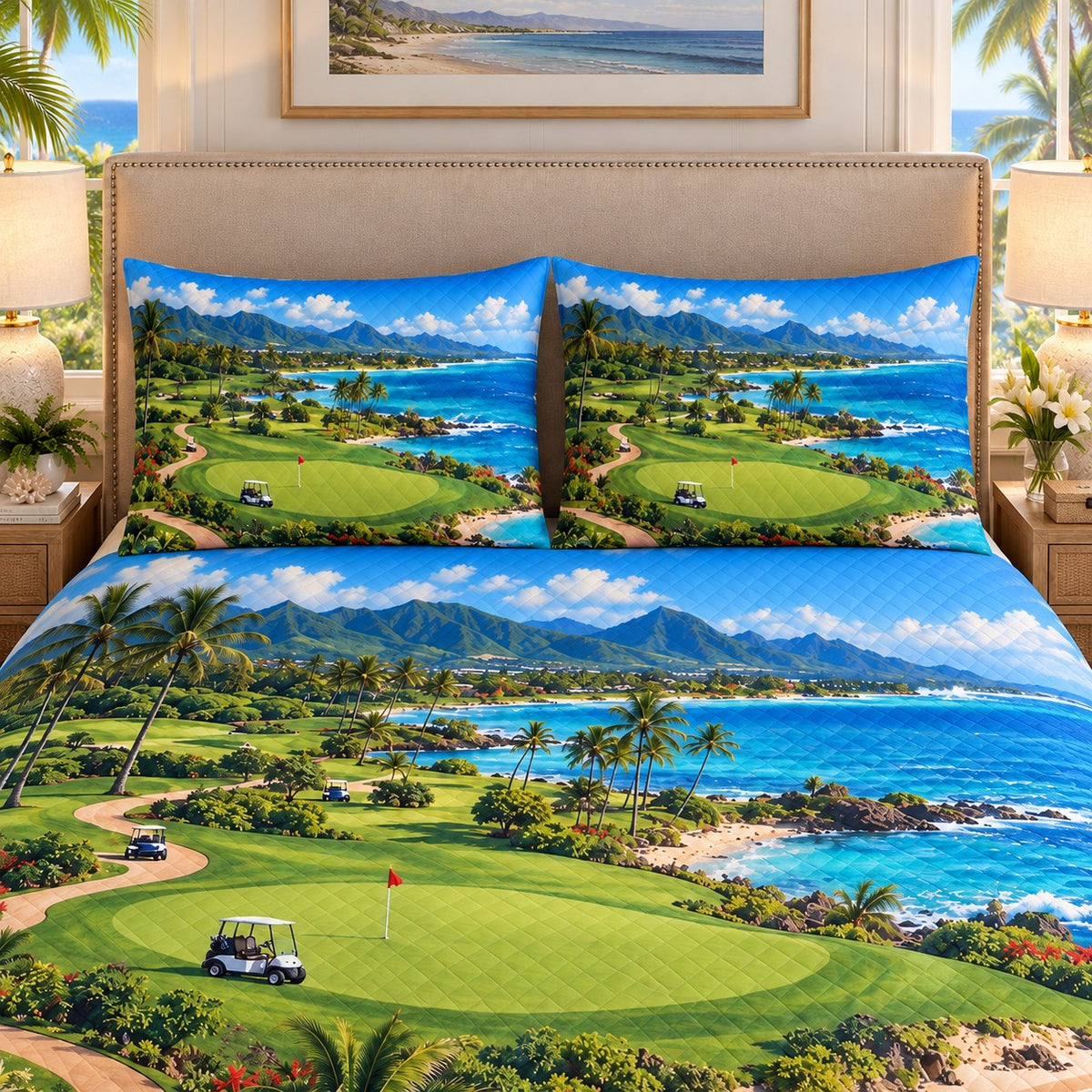 Tropical coastal golf course quilt set – close view