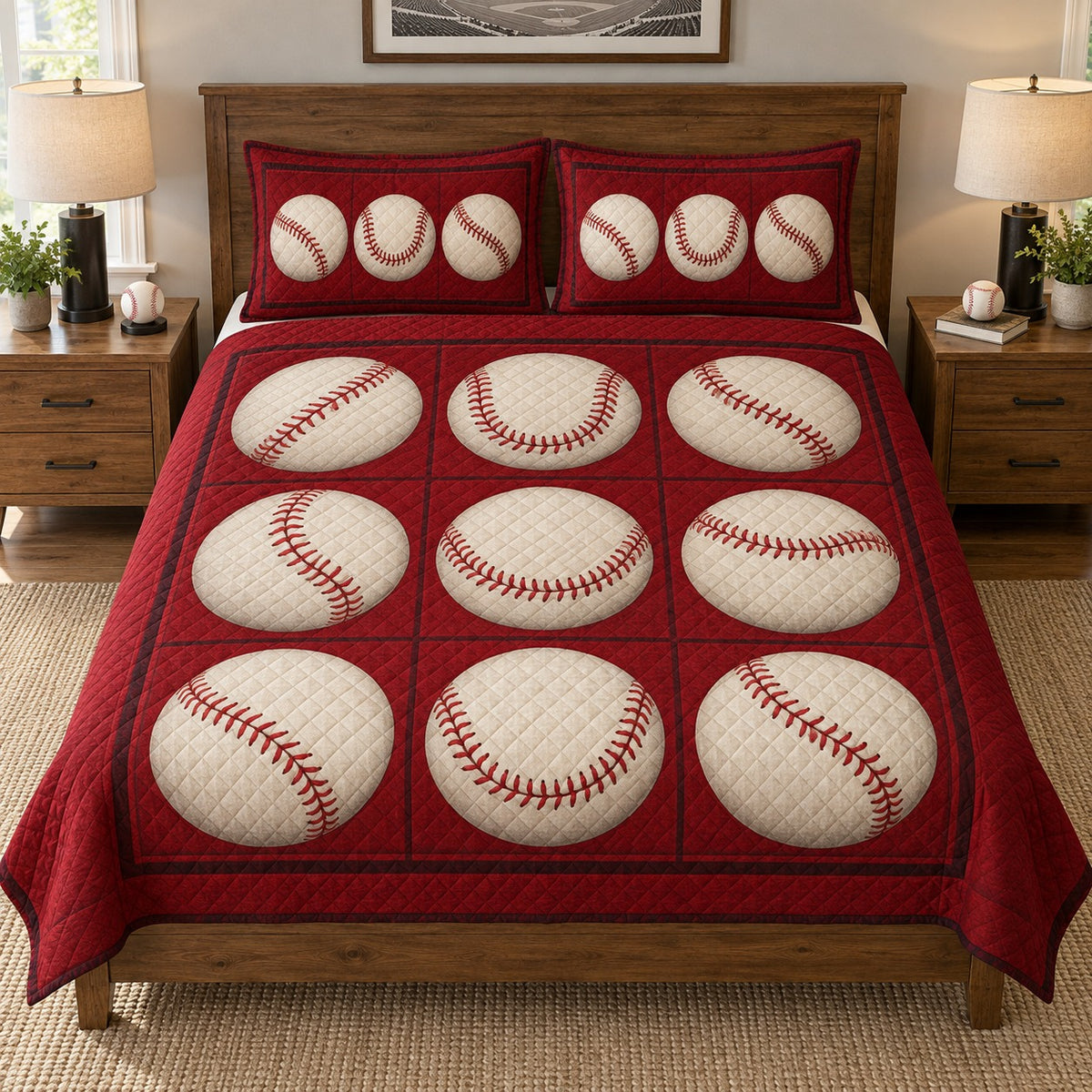 Vintage baseball quilt set – front view