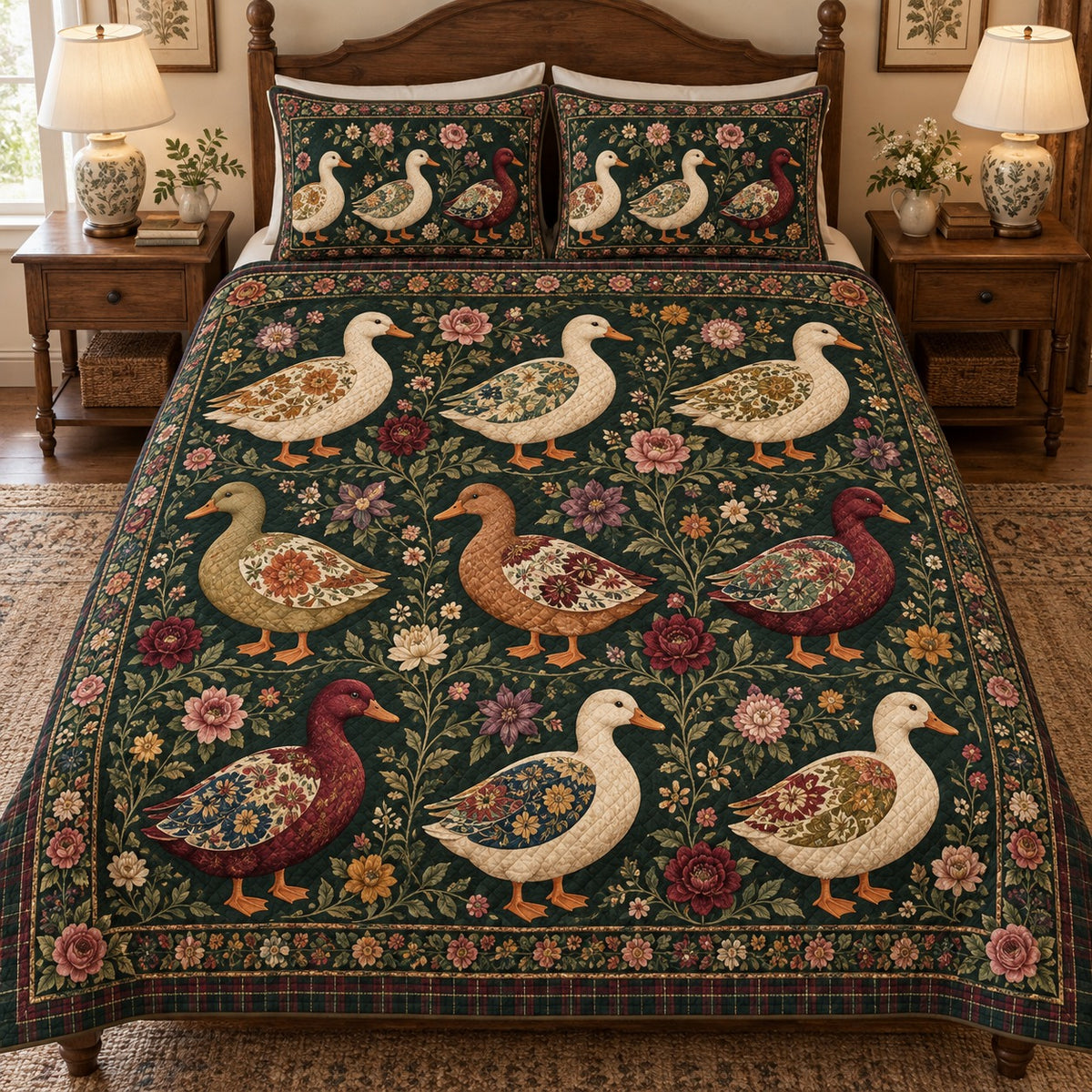 Vintage floral duck quilt set – front view