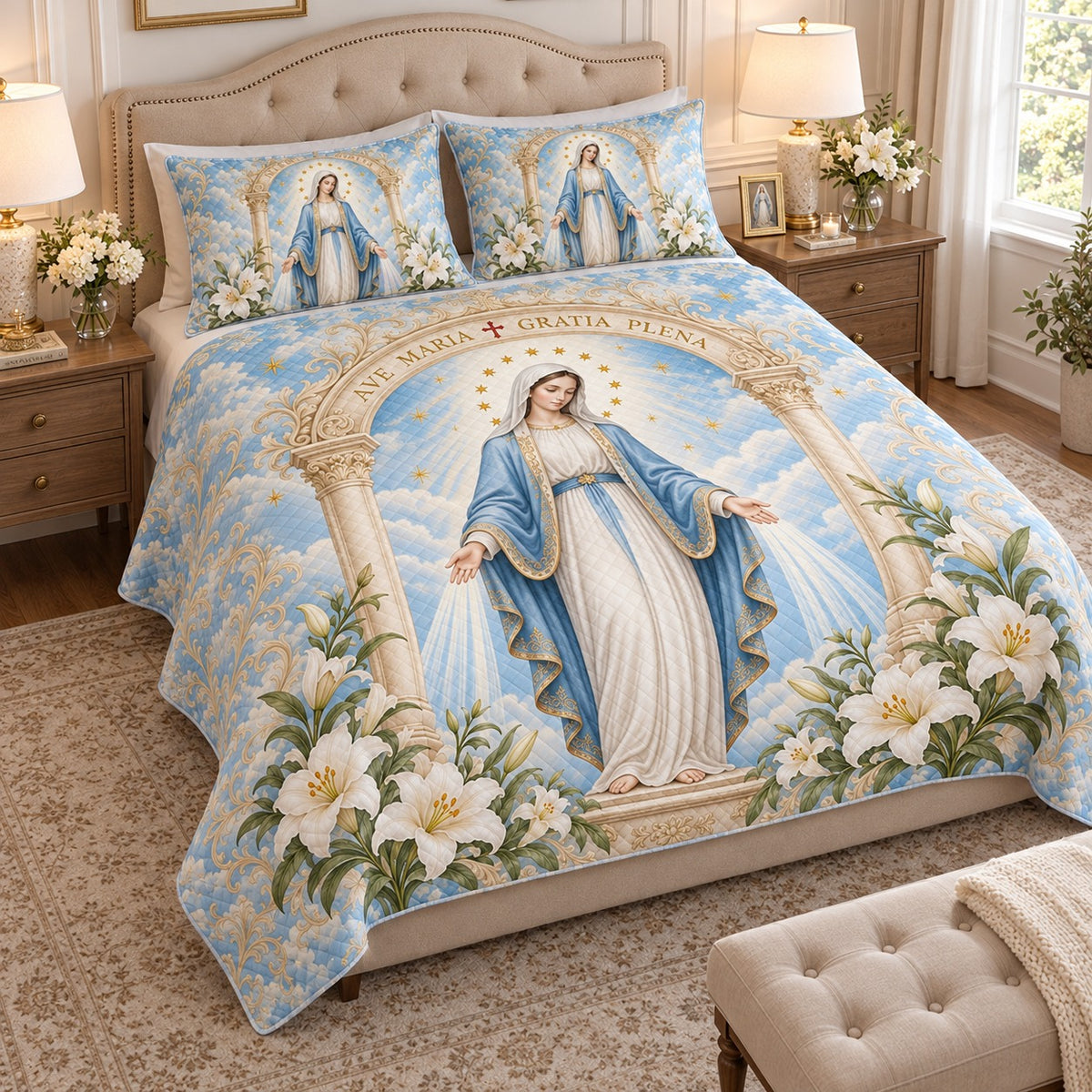 Virgin Mary lilies quilt set – left angle