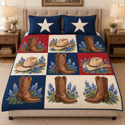 Western Cowboy Boots & Hats Patchwork Quilt Set – Rustic Ranch Gift — front hero view