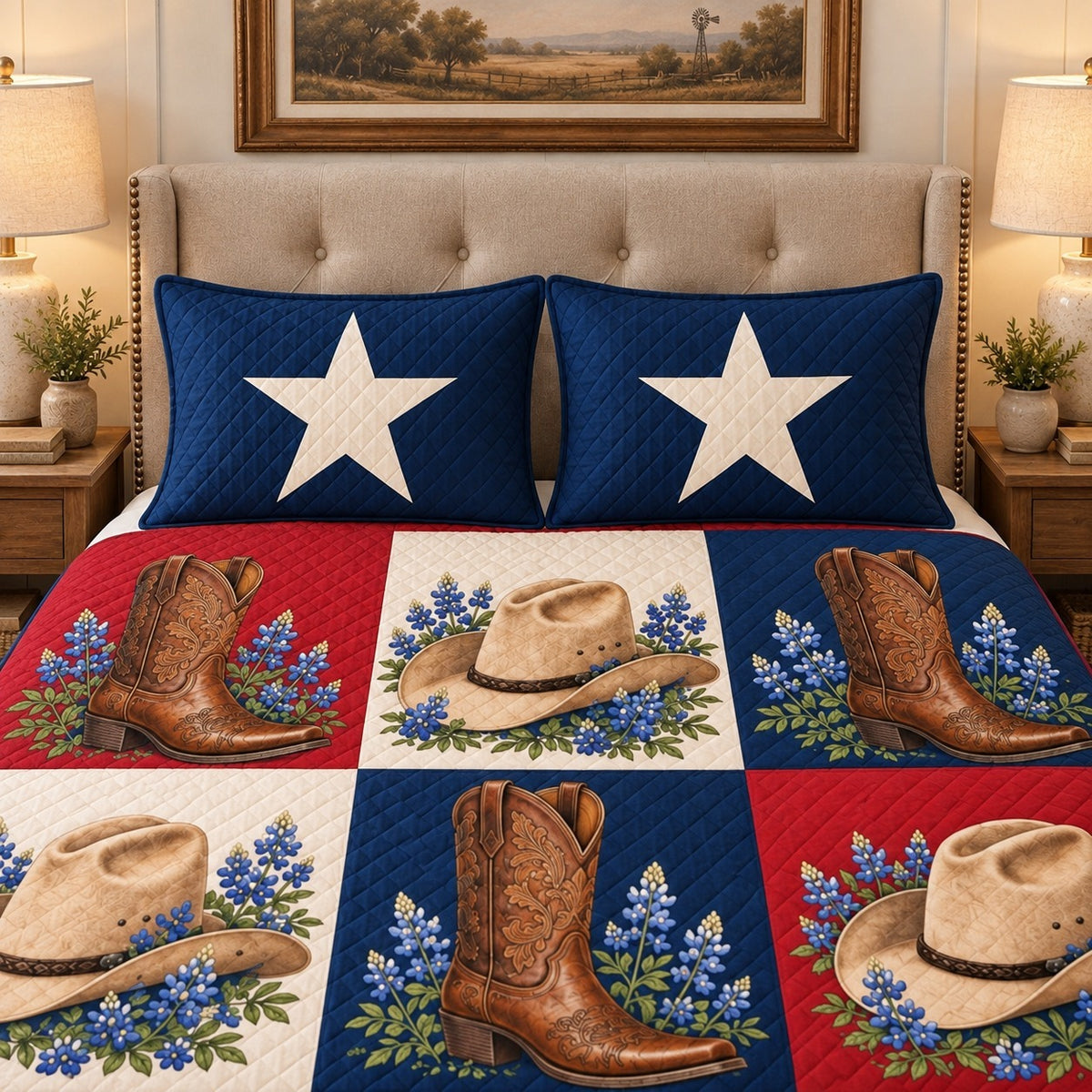 Western Cowboy Boots & Hats Patchwork Quilt Set – Rustic Ranch Gift — left angle view