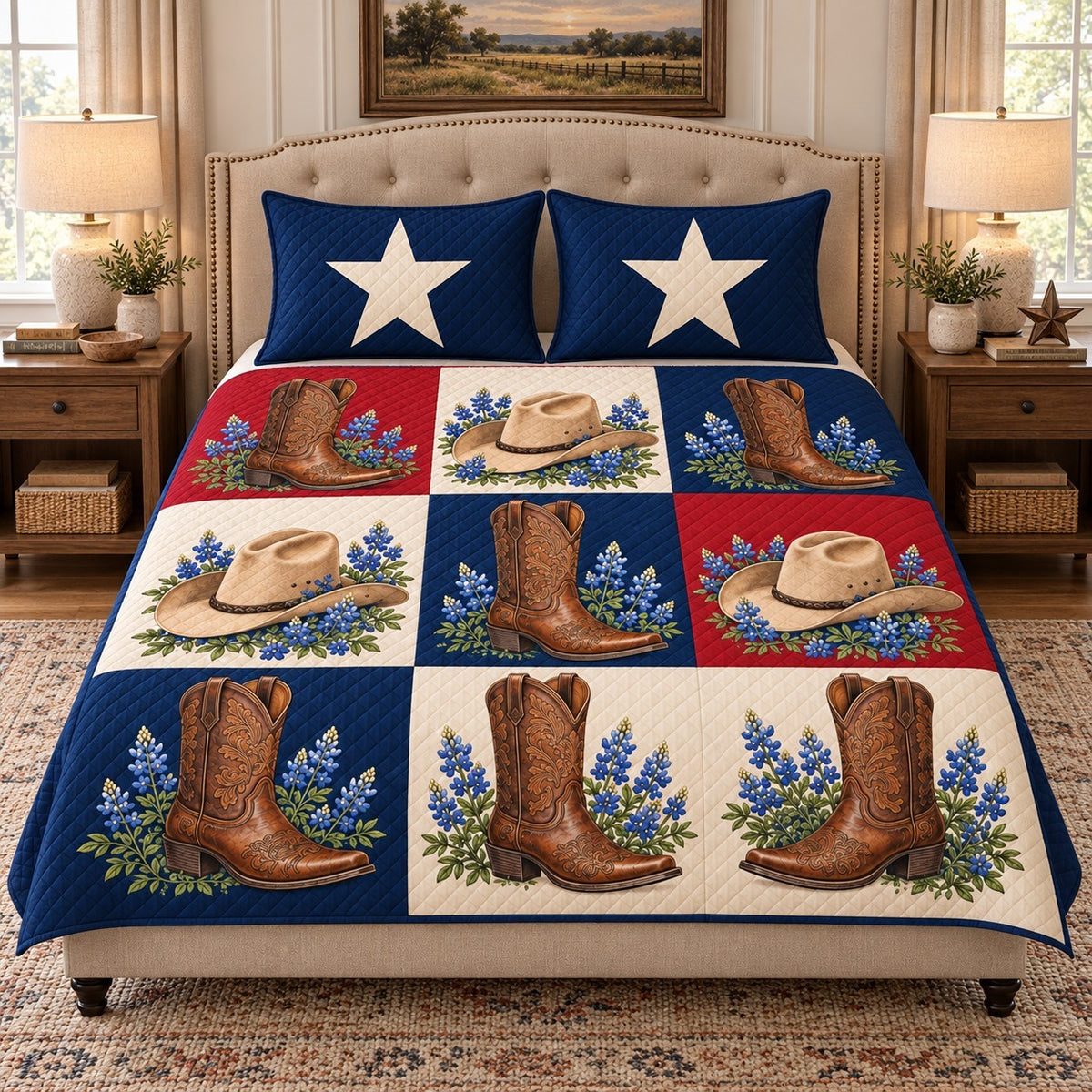 Western Cowboy Boots & Hats Patchwork Quilt Set – Rustic Ranch Gift — right angle view