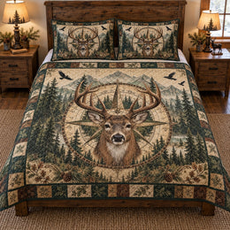 Whitetail Deer Compass Quilt Set – Rustic Hunting Cabin Bedding Gift