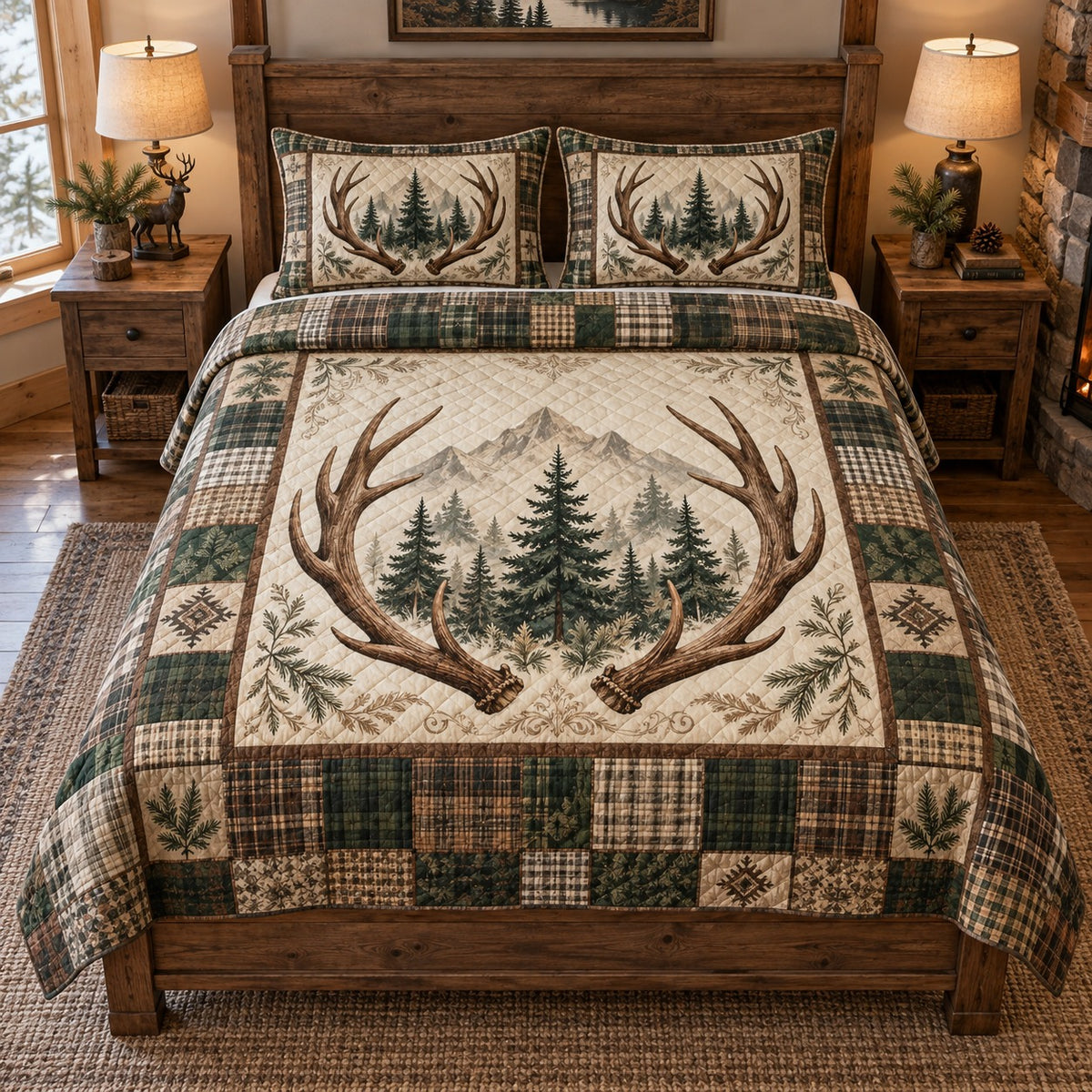 Woodland deer antler plaid quilt set – front view