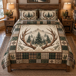 Woodland Deer Antler Plaid Quilt Set – Rustic Cabin Bedding Gift
