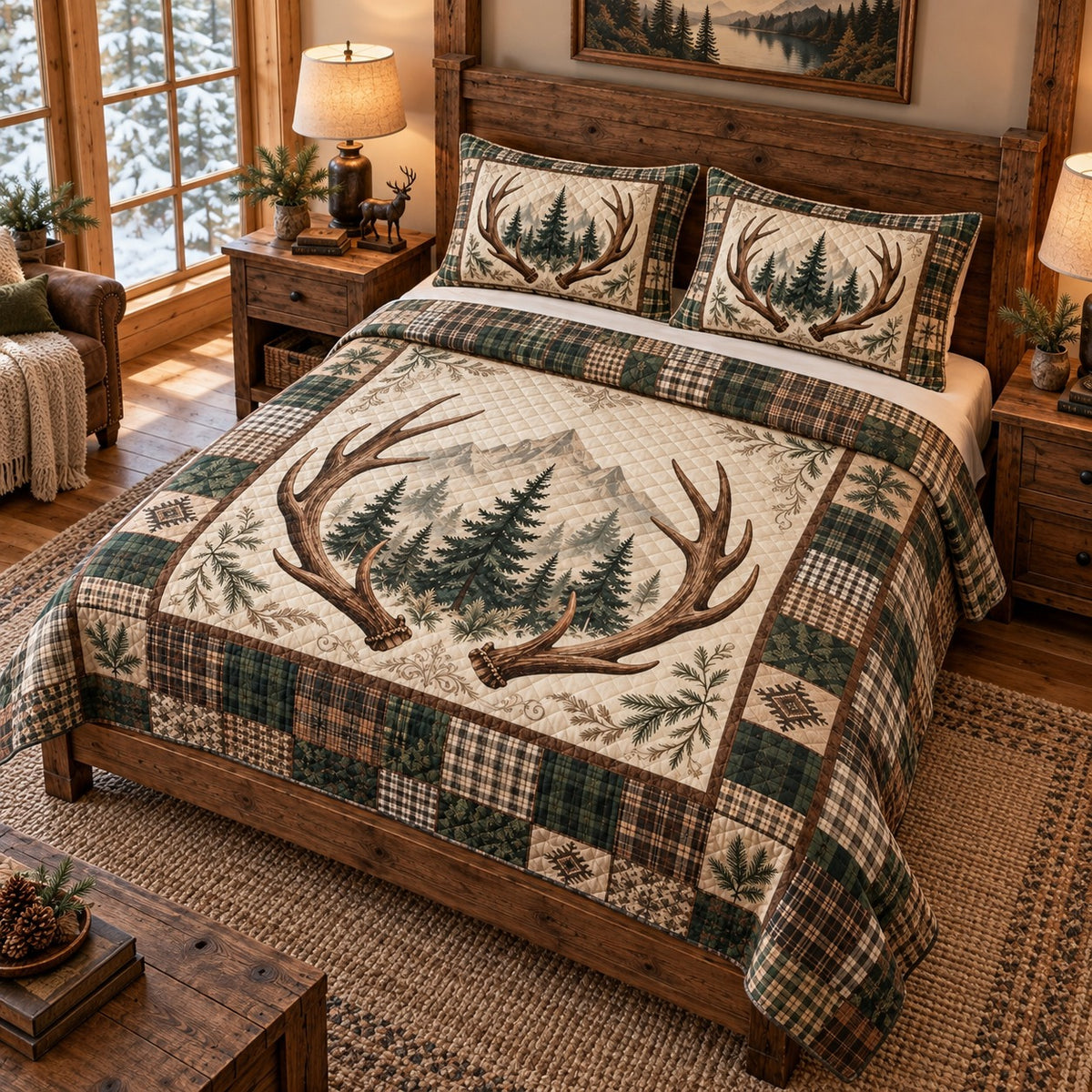 Woodland deer antler plaid quilt set – left angle