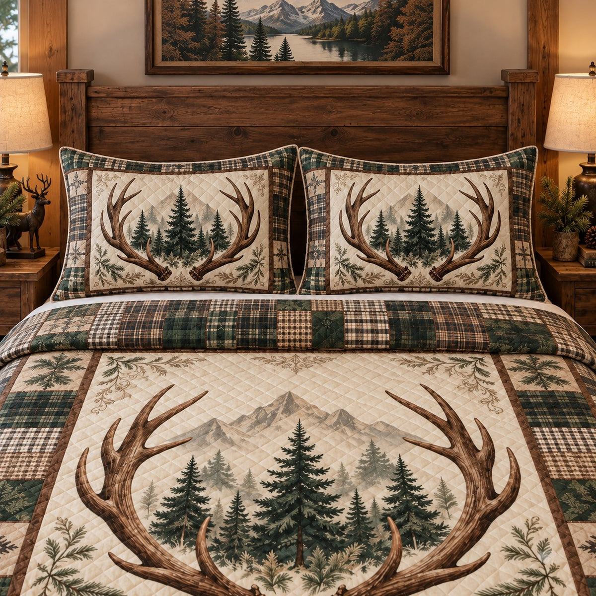 Woodland deer antler plaid quilt set – right angle