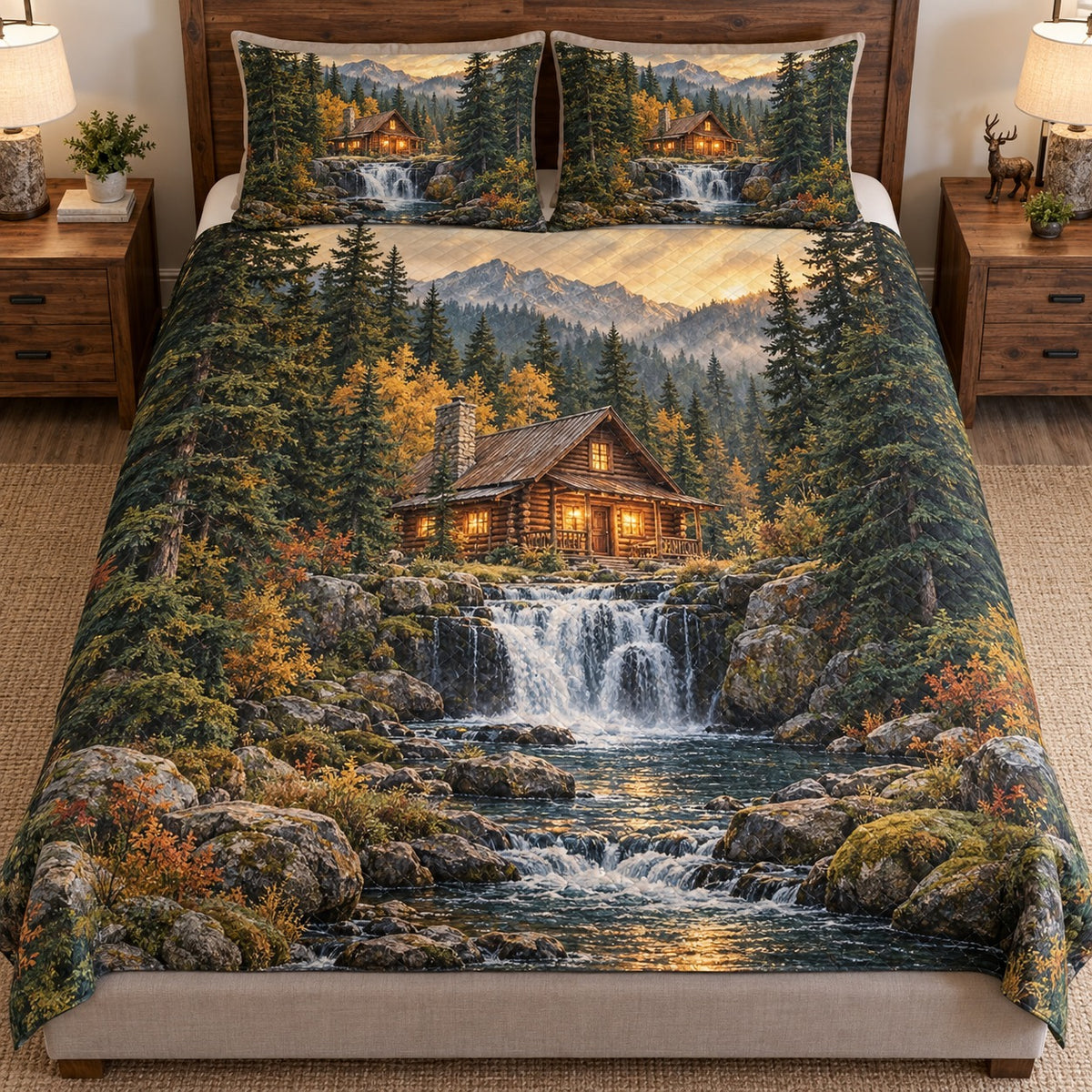 Woodland waterfall cabin quilt set – front bedroom view