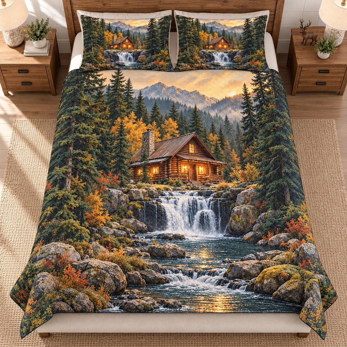 Woodland waterfall cabin quilt set – overhead bedroom view