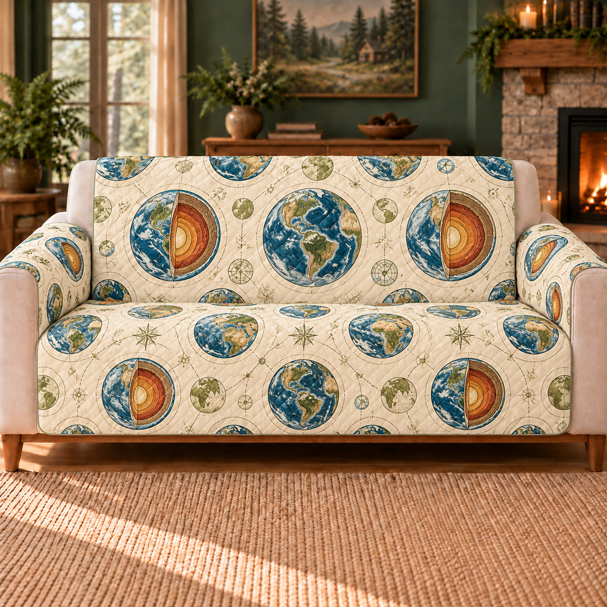 Earth Layer Rings sofa cover on a beige sofa