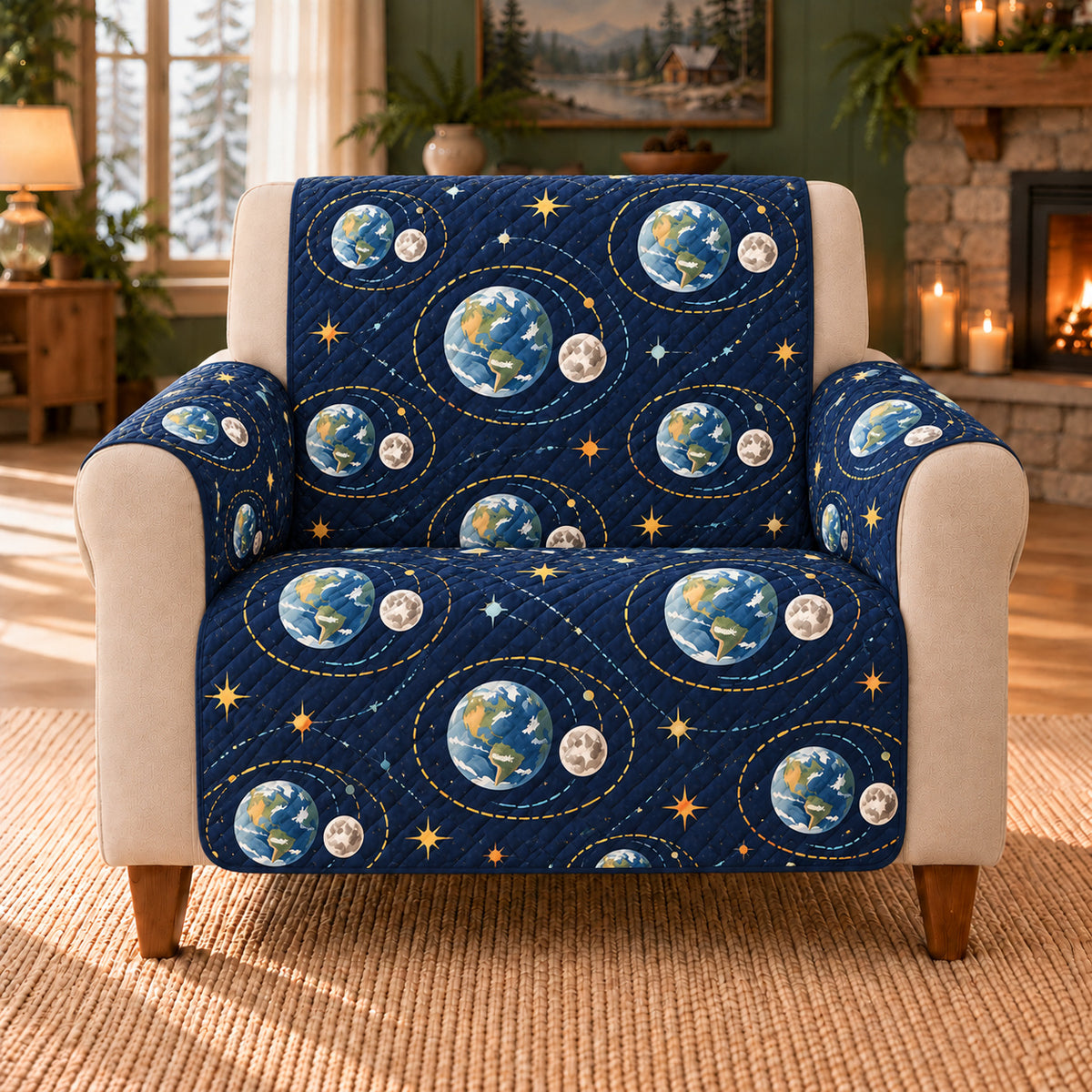Earth Moon Duets sofa cover on a beige armchair