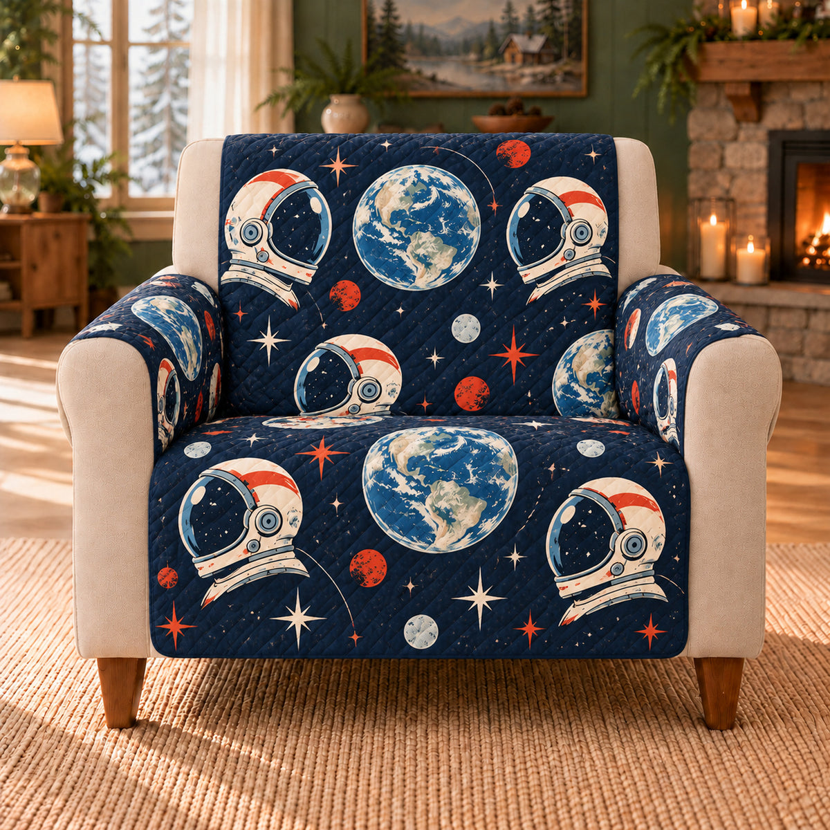 Earthrise Helmet Duets sofa cover on a beige armchair