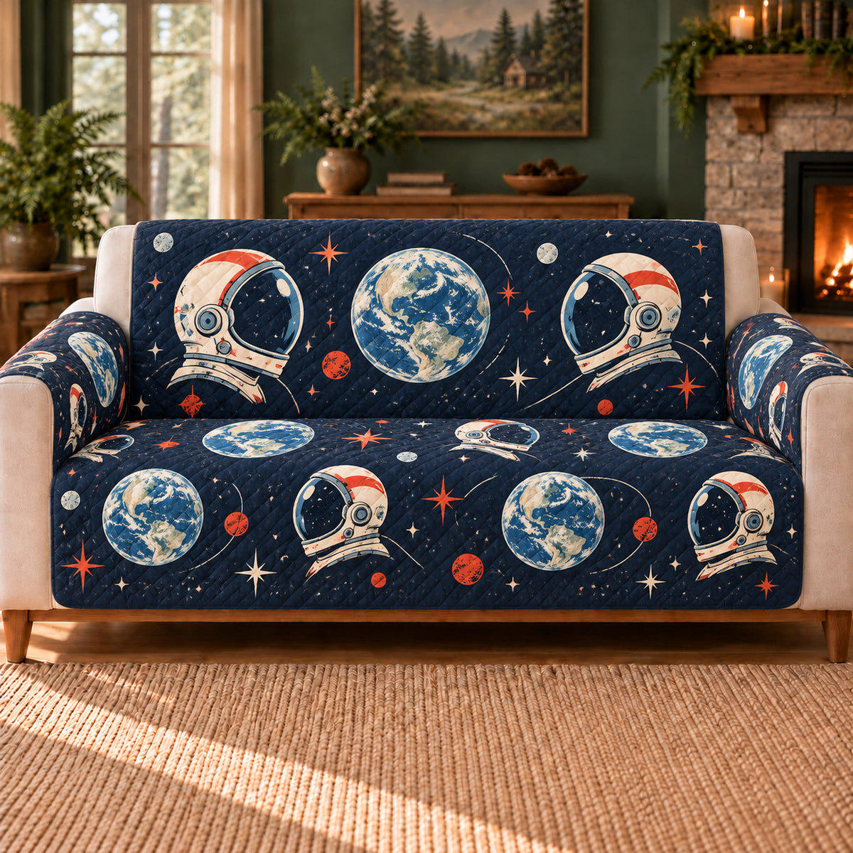 Earthrise Helmet Duets sofa cover on a beige sofa