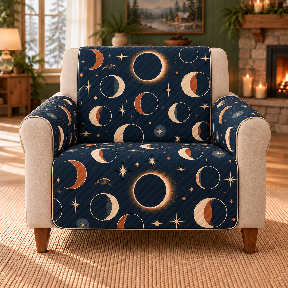 Eclipse Ring Repeat sofa cover on a beige armchair