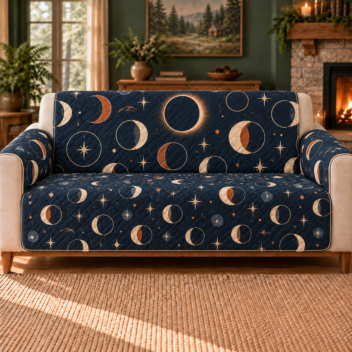 Eclipse Ring Repeat sofa cover on a beige sofa