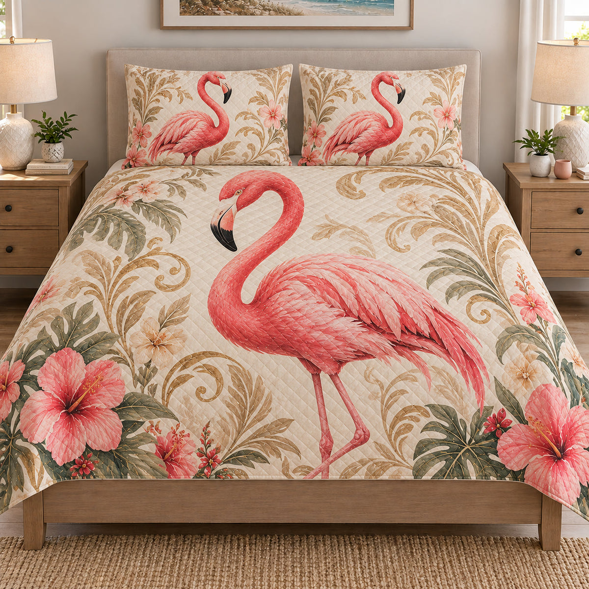 Elegant Flamingo Floral Tropical quilt set displayed on a bed with coordinating pillow shams