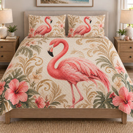 Elegant Flamingo Floral Tropical Quilt Set